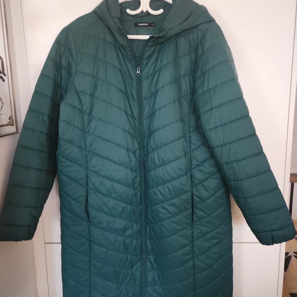 torrid Long Hooded Quilted Puffer Coat in Teal Green